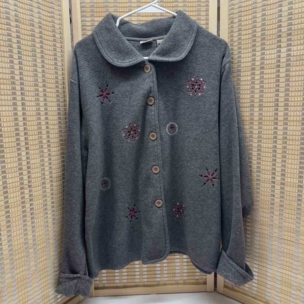 North Crest Fleece Jacket Women's XL (18) Gray Embroidered Snowflakes Buttons